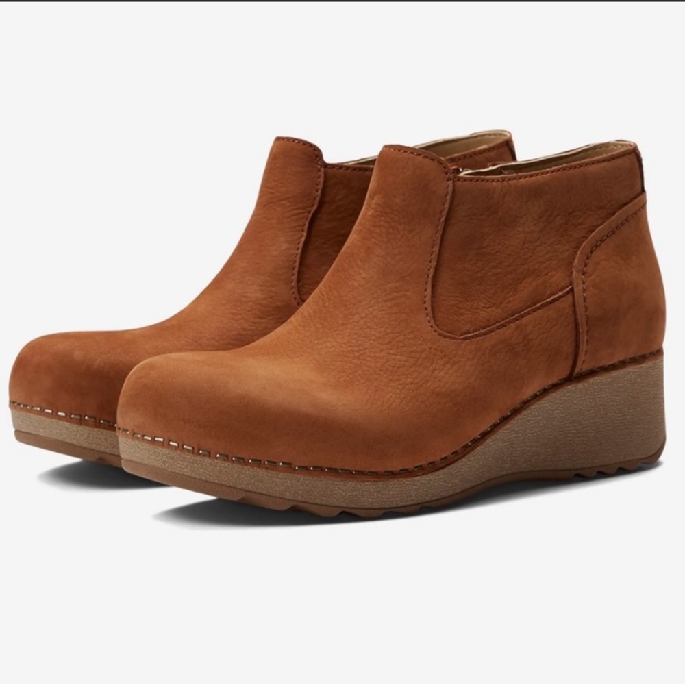 Dansko Charlene Wedge Heel Booties Ankle Boots Milled Nubuck Ginger